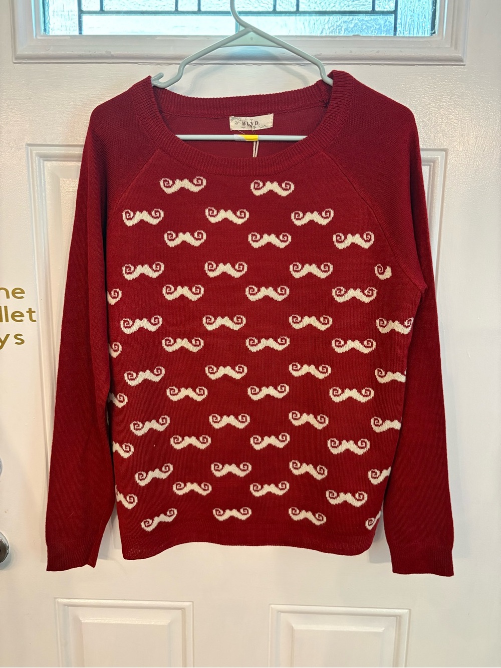 BLVD Red Crewneck Sweater with Cream Mustache Pattern